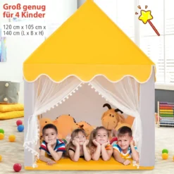 Kinderspielhaus mit Massivholzrahmen & Baumwolldecke Kinderzelt Grau + Gelb