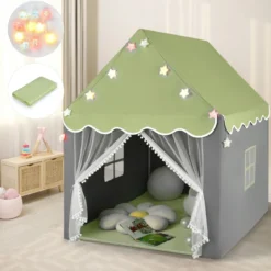 Kinderspielhaus mit Sternenlichter & Fenster & Matte & doppeltem Vorhang Kinderzelt