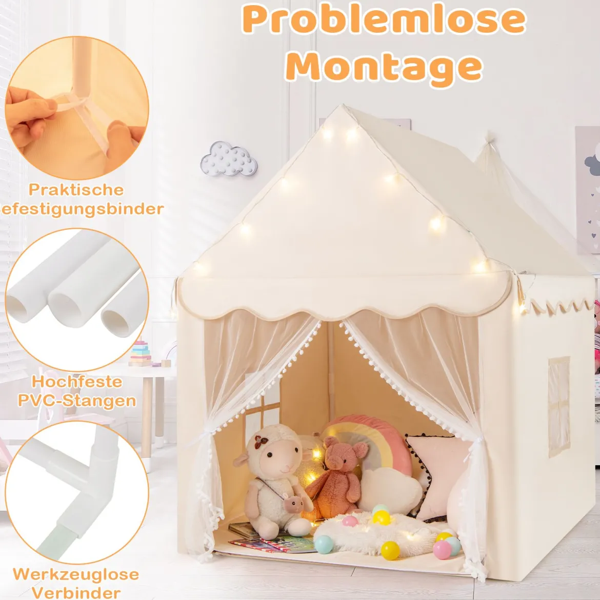 Kinderspielhaus mit Sternenlichter & Fenster & Matte & doppeltem Vorhang Kinderzelt Beige