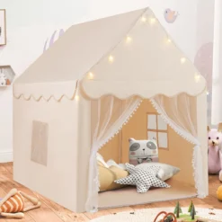 Kinderspielhaus mit Sternenlichter & Fenster & Matte & doppeltem Vorhang Kinderzelt Beige