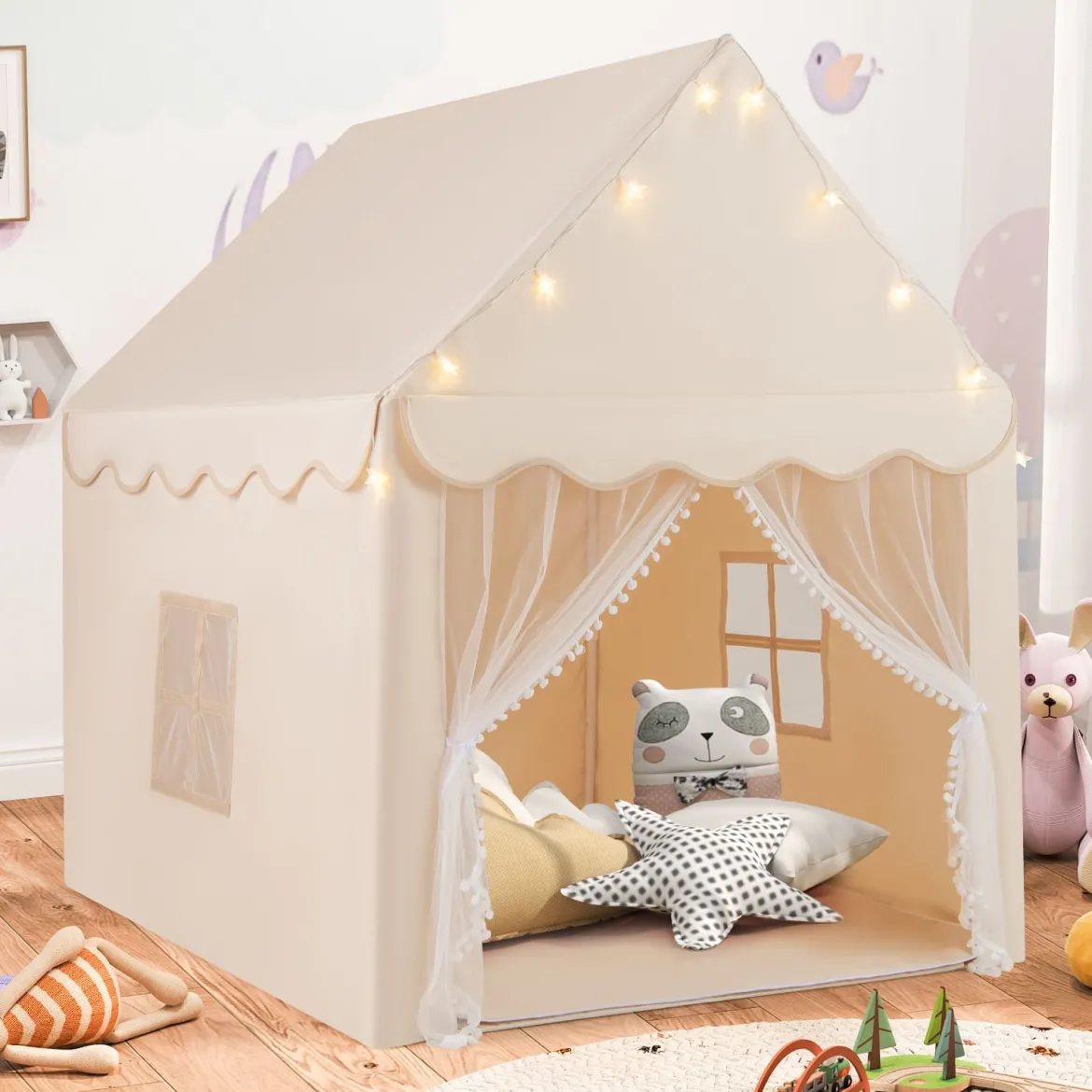 Kinderspielhaus mit Sternenlichter & Fenster & Matte & doppeltem Vorhang Kinderzelt Beige