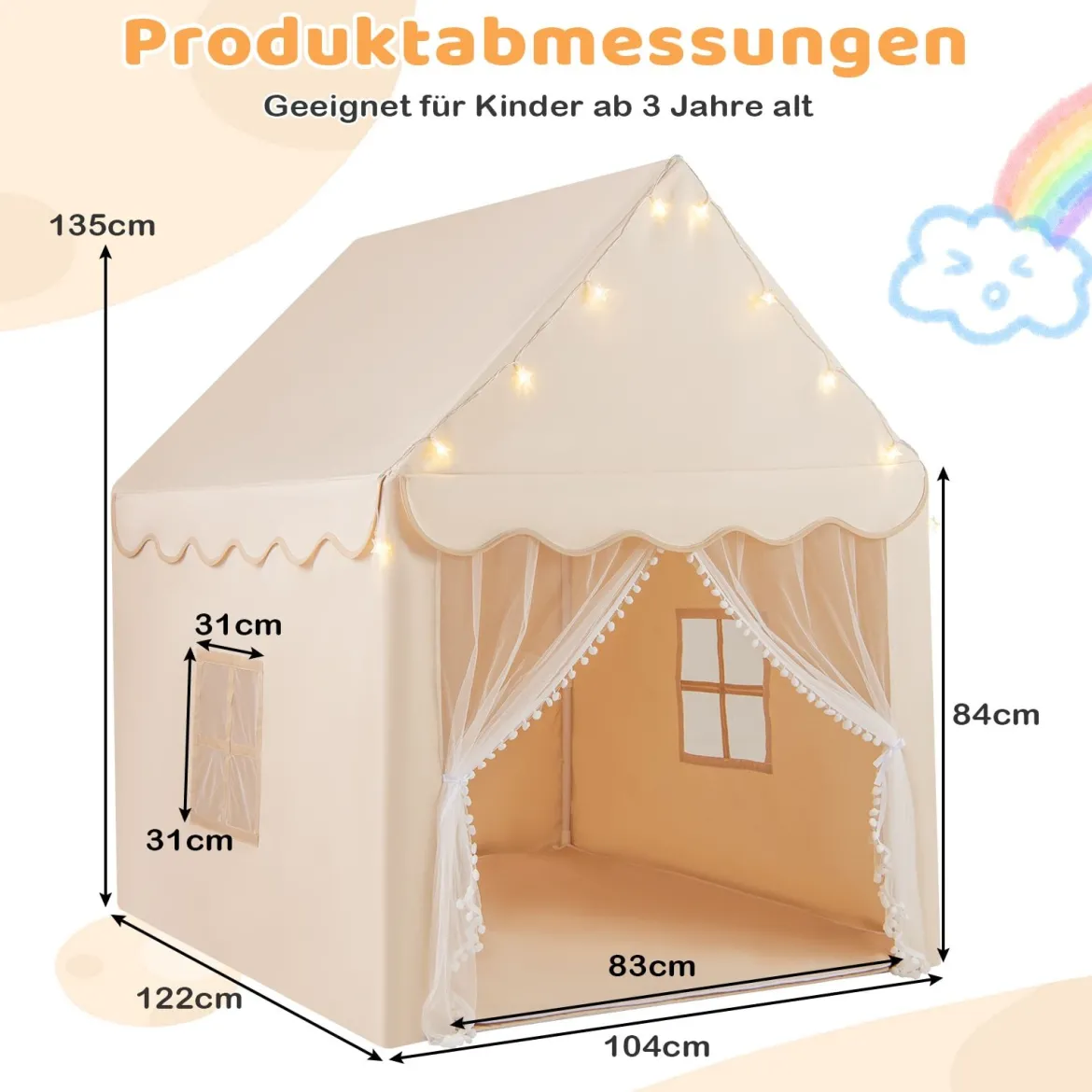Kinderspielhaus mit Sternenlichter & Fenster & Matte & doppeltem Vorhang Kinderzelt Beige