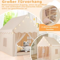 Kinderspielhaus mit Sternenlichter & Fenster & Matte & doppeltem Vorhang Kinderzelt Beige