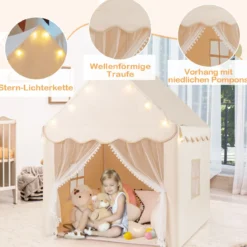 Kinderspielhaus mit Sternenlichter & Fenster & Matte & doppeltem Vorhang Kinderzelt Beige