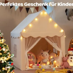 Kinderspielhaus mit Sternenlichter & Fenster & Matte & doppeltem Vorhang Kinderzelt Beige