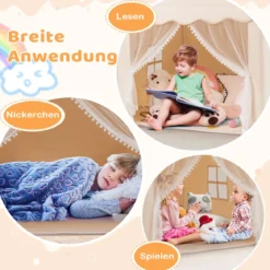 Kinderspielhaus mit Sternenlichter & Fenster & Matte & doppeltem Vorhang Kinderzelt Beige