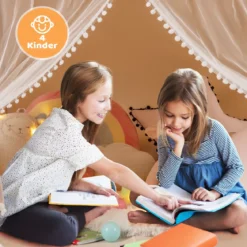 Kinderspielhaus mit Sternenlichter & Fenster & Matte & doppeltem Vorhang Kinderzelt Beige