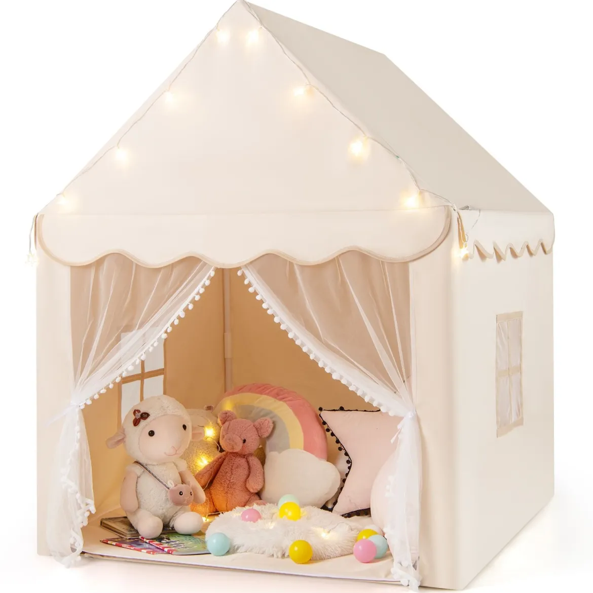 Kinderspielhaus mit Sternenlichter & Fenster & Matte & doppeltem Vorhang Kinderzelt Beige