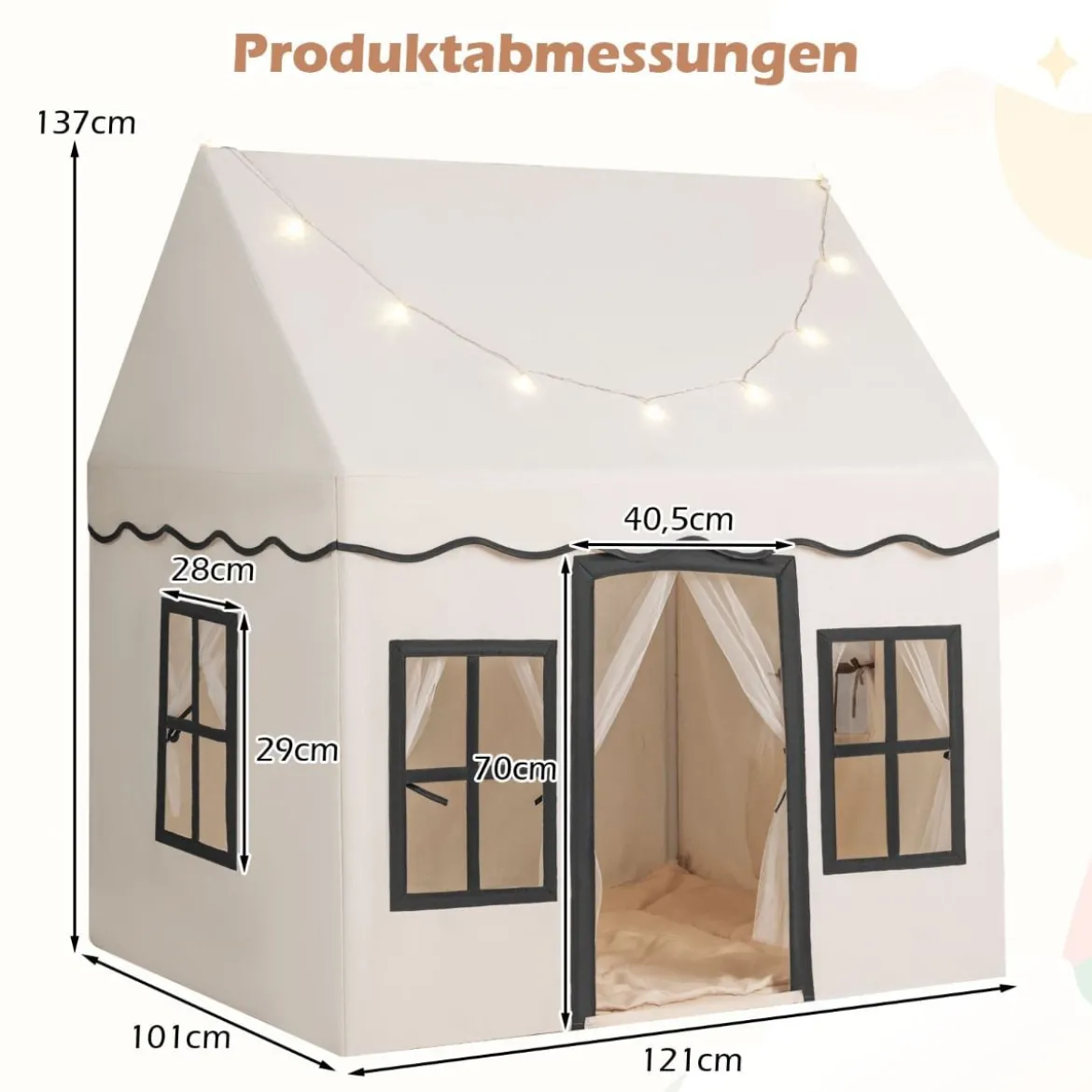 Kinderspielhaus mit Sternenlichtern & Fenstern & Netzvorhängen Kinderzelt Kinderspielzelt Spielzelt
