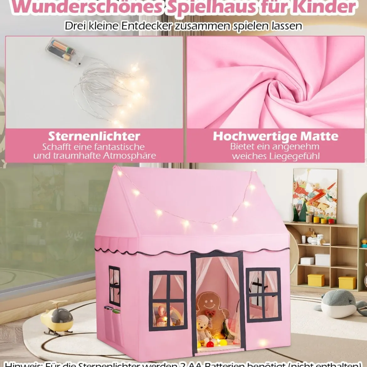 Kinderspielhaus mit Sternenlichtern & Fenstern & Netzvorhängen Kinderzelt Kinderspielzelt Spielzelt
