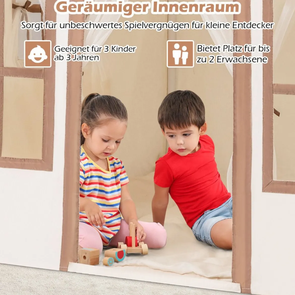 Kinderspielhaus mit Sternenlichtern & Fenstern & Netzvorhängen Kinderzelt Kinderspielzelt Spielzelt