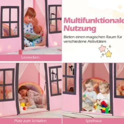 Kinderspielhaus mit Sternenlichtern & Fenstern & Netzvorhängen Kinderzelt Kinderspielzelt Spielzelt