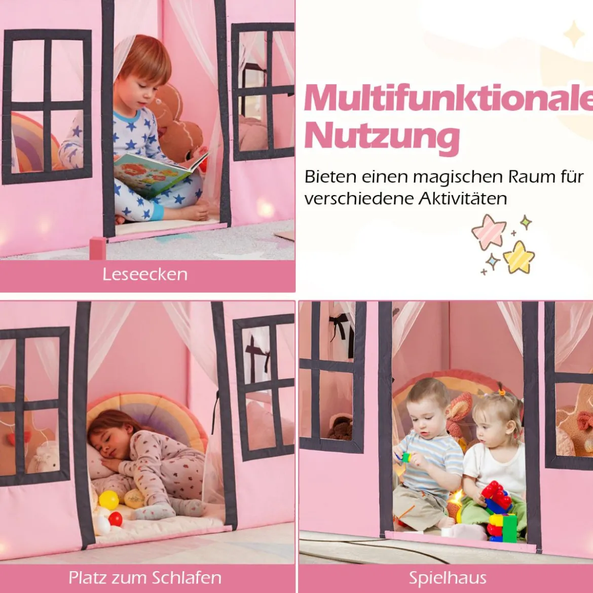 Kinderspielhaus mit Sternenlichtern & Fenstern & Netzvorhängen Kinderzelt Kinderspielzelt Spielzelt