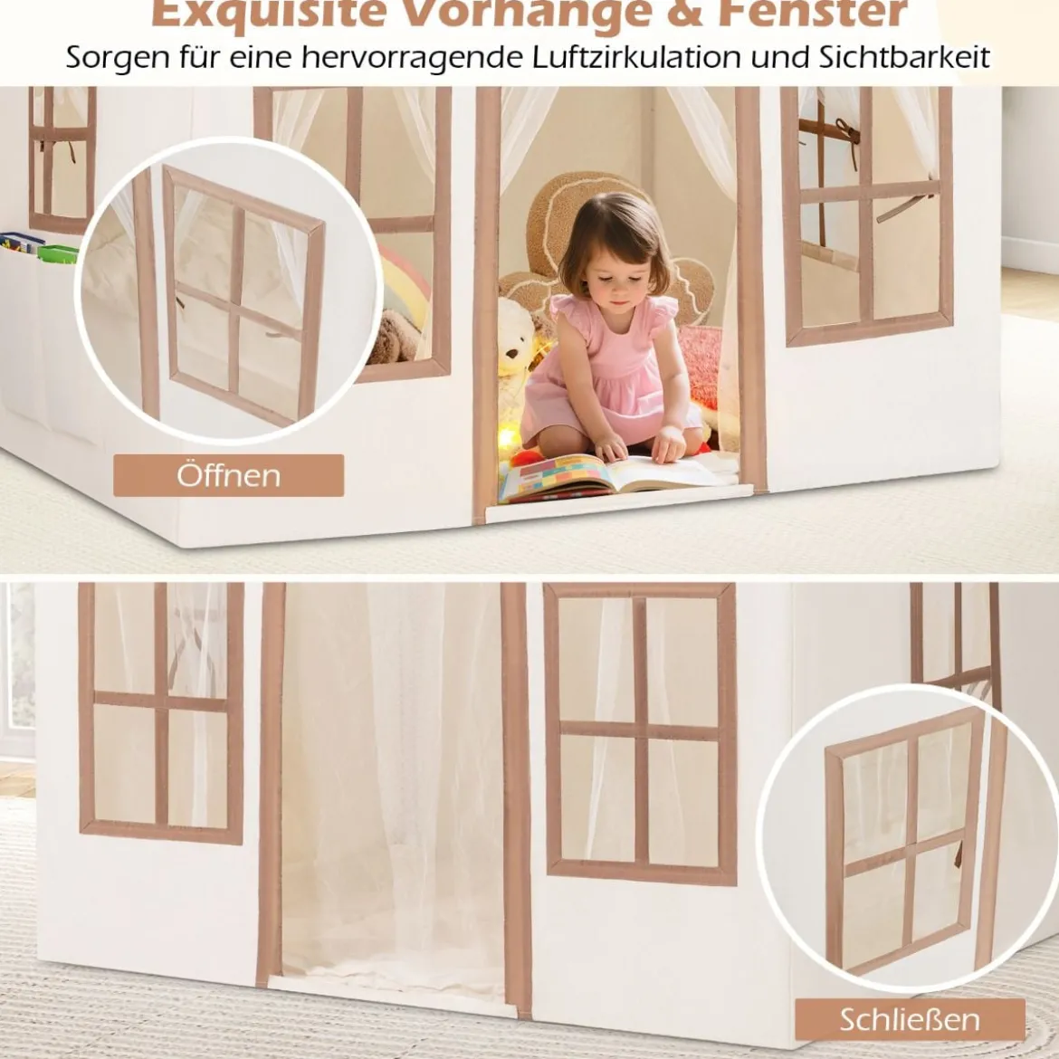 Kinderspielhaus mit Sternenlichtern & Fenstern & Netzvorhängen Kinderzelt Kinderspielzelt Spielzelt