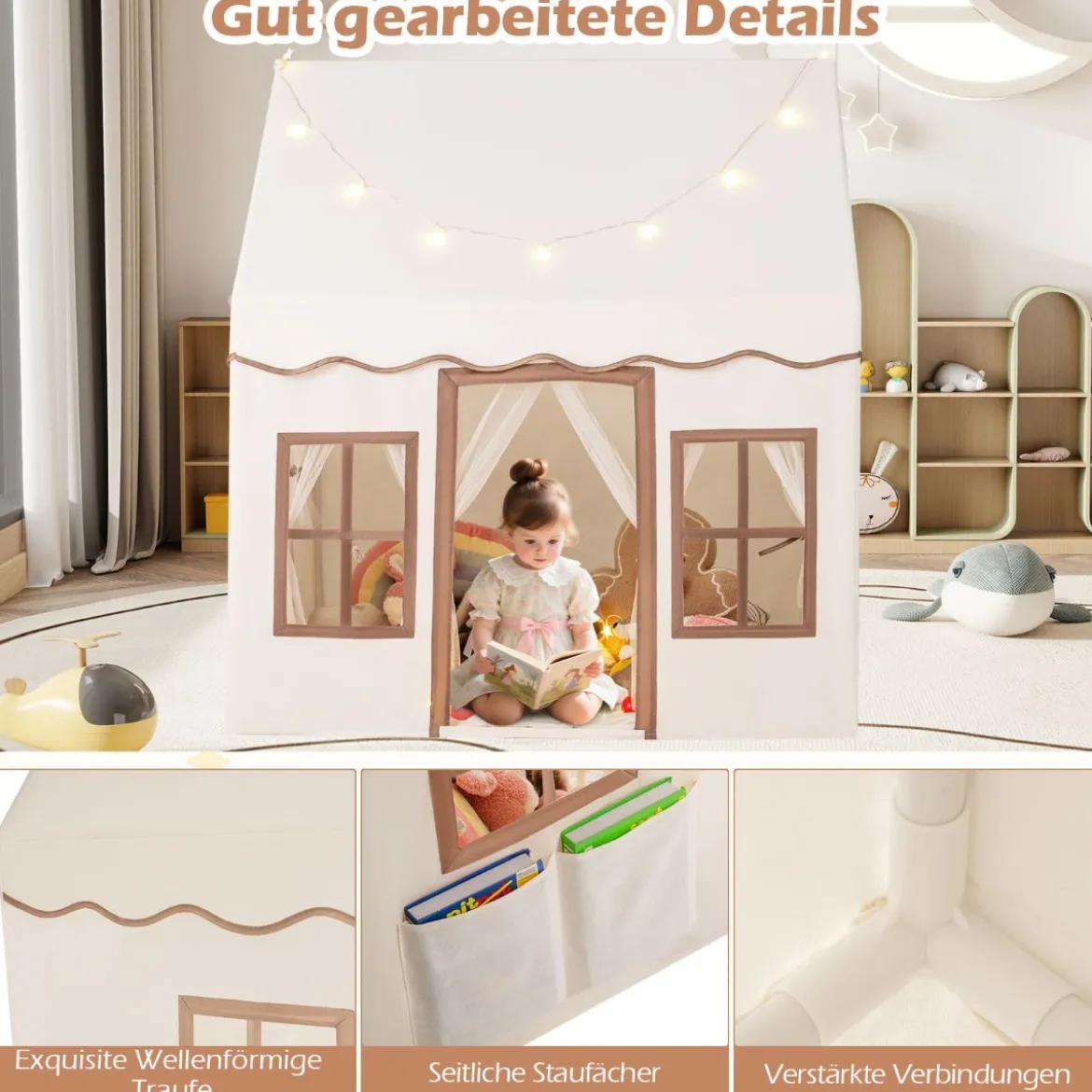 Kinderspielhaus mit Sternenlichtern & Fenstern & Netzvorhängen Kinderzelt Kinderspielzelt Spielzelt