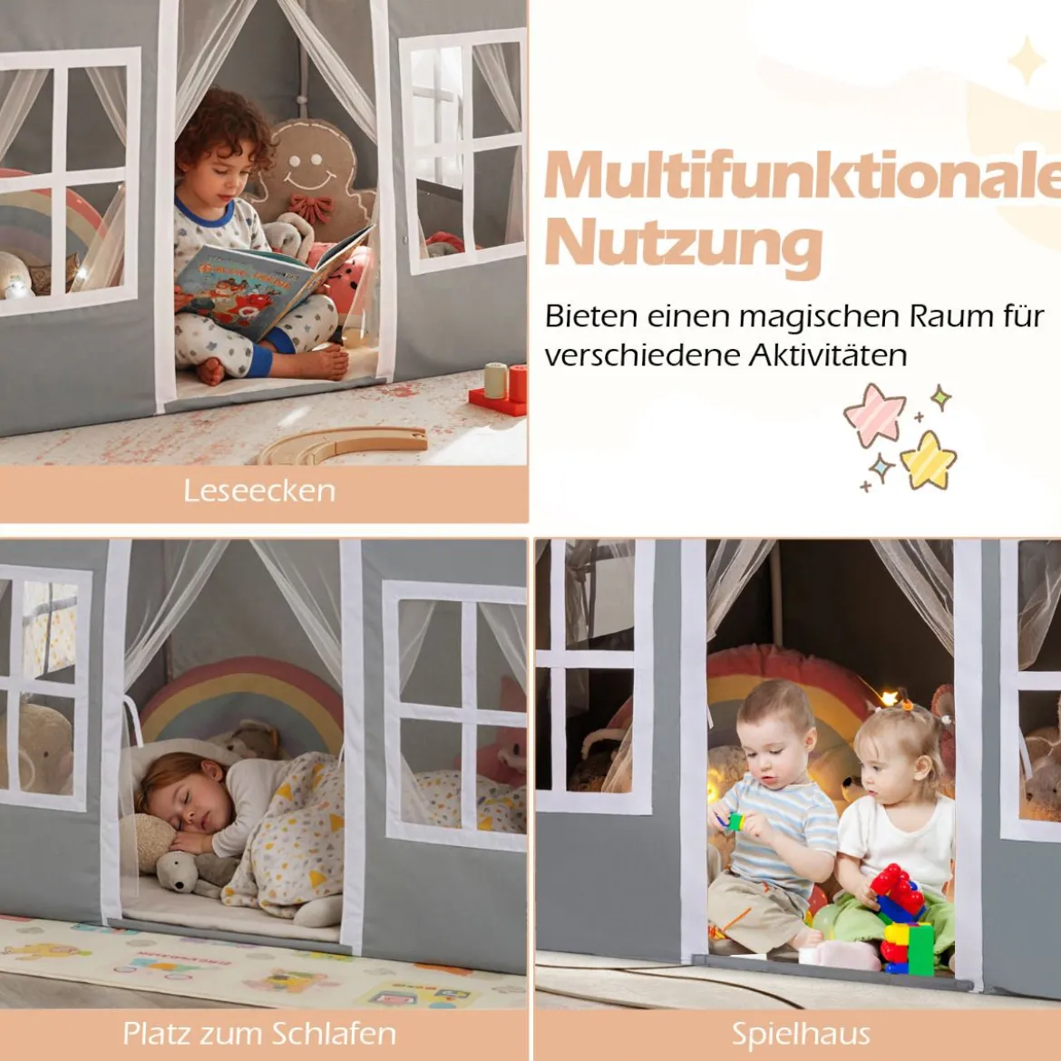Kinderspielhaus mit Sternenlichtern & Fenstern & Netzvorhängen Kinderzelt Kinderspielzelt Spielzelt