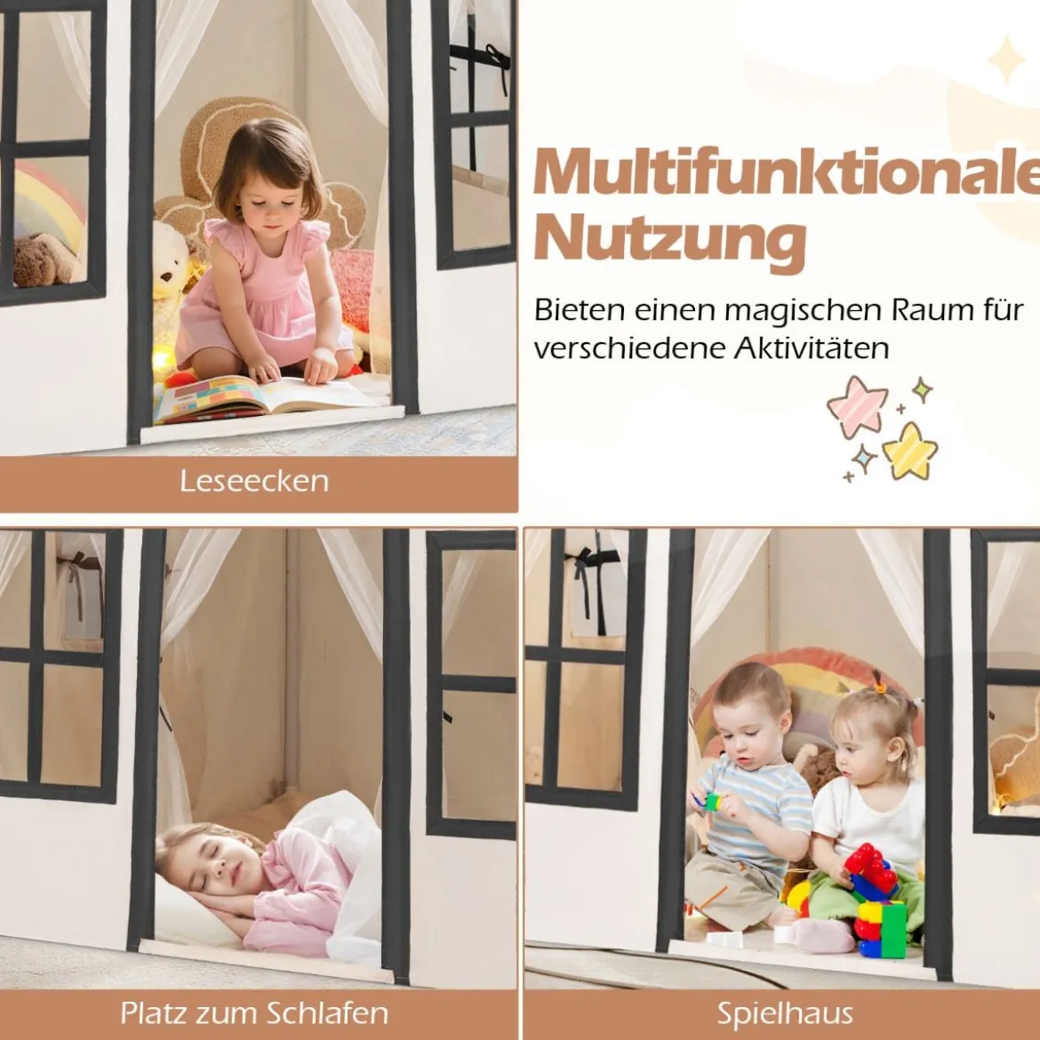 Kinderspielhaus mit Sternenlichtern & Fenstern & Netzvorhängen Kinderzelt Kinderspielzelt Spielzelt
