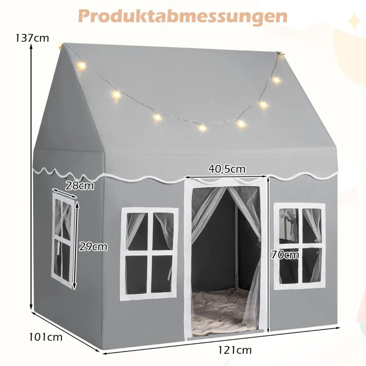 Kinderspielhaus mit Sternenlichtern & Fenstern & Netzvorhängen Kinderzelt Kinderspielzelt Spielzelt