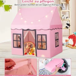 Kinderspielhaus mit Sternenlichtern & Fenstern & Netzvorhängen Kinderzelt Kinderspielzelt Spielzelt