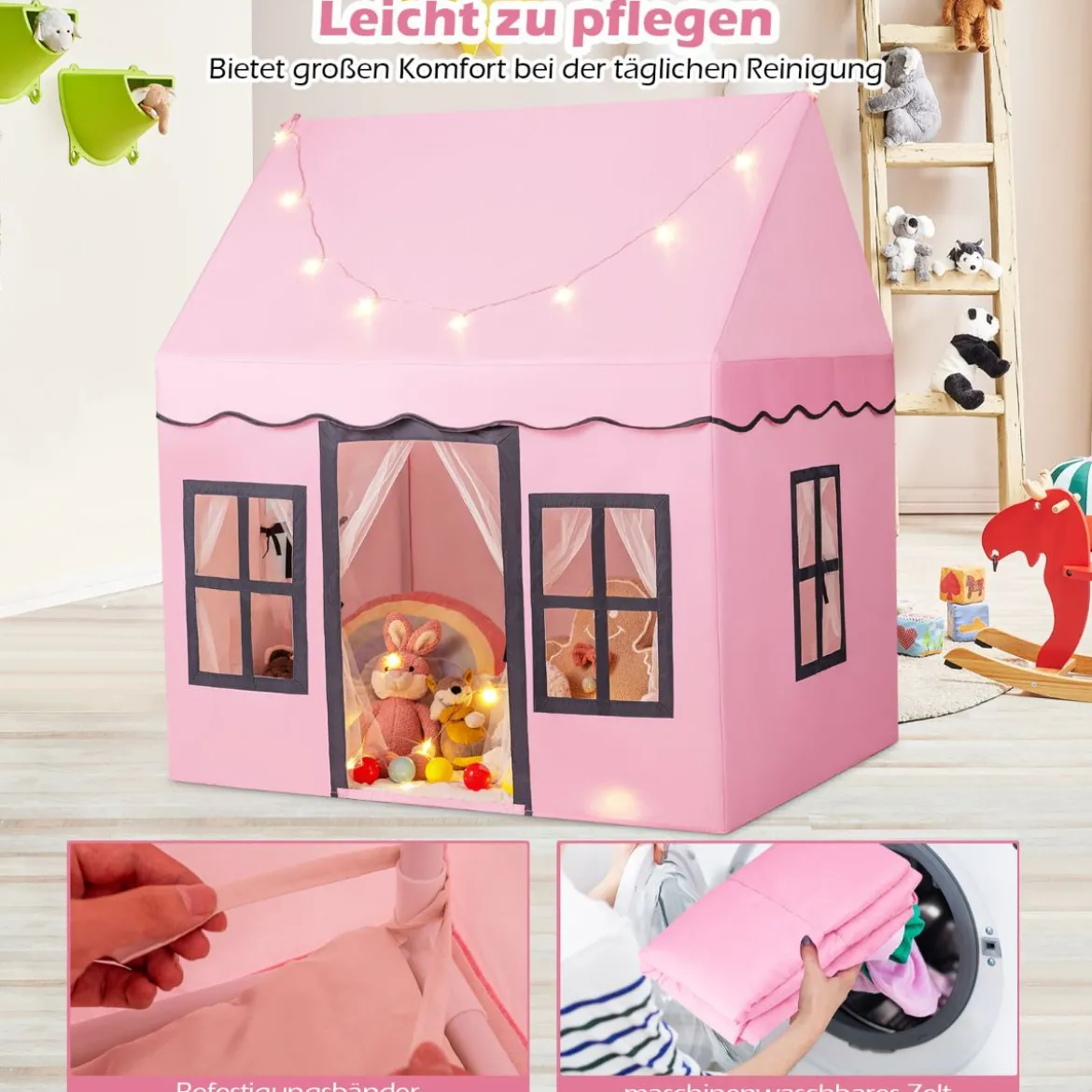 Kinderspielhaus mit Sternenlichtern & Fenstern & Netzvorhängen Kinderzelt Kinderspielzelt Spielzelt