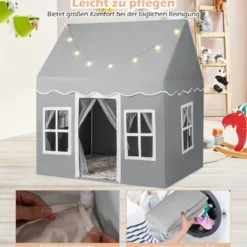 Kinderspielhaus mit Sternenlichtern & Fenstern & Netzvorhängen Kinderzelt Kinderspielzelt Spielzelt