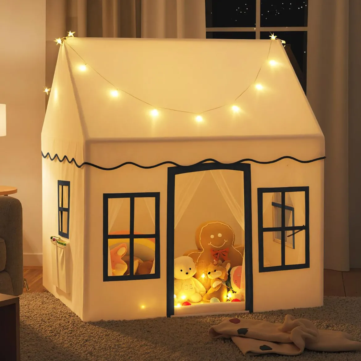 Kinderspielhaus mit Sternenlichtern & Fenstern & Netzvorhängen Kinderzelt Kinderspielzelt Spielzelt