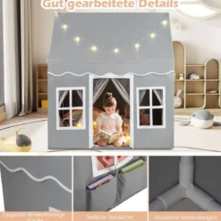 Kinderspielhaus mit Sternenlichtern & Fenstern & Netzvorhängen Kinderzelt Kinderspielzelt Spielzelt