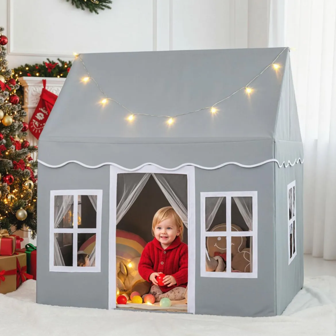 Kinderspielhaus mit Sternenlichtern & Fenstern & Netzvorhängen Kinderzelt Kinderspielzelt Spielzelt