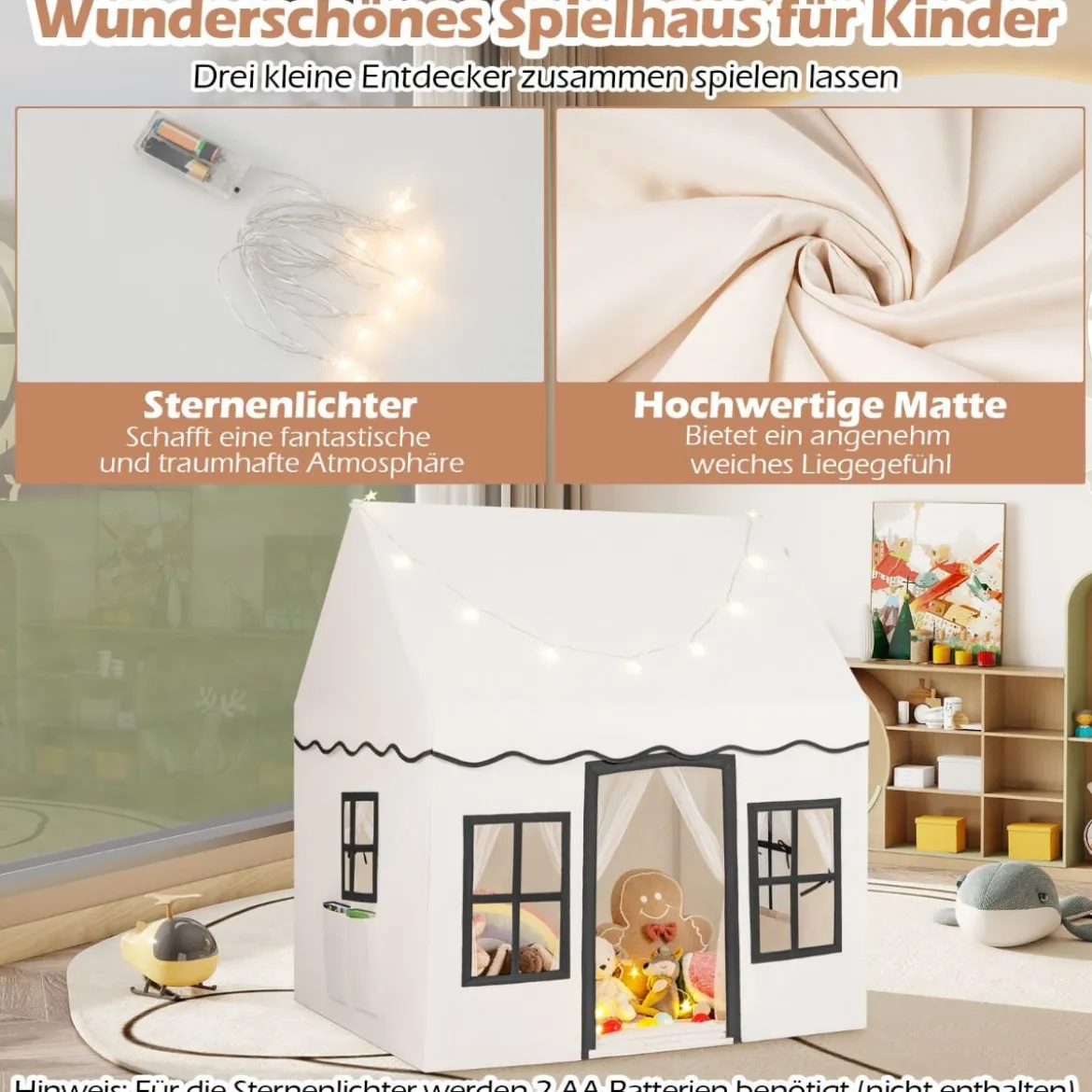 Kinderspielhaus mit Sternenlichtern & Fenstern & Netzvorhängen Kinderzelt Kinderspielzelt Spielzelt