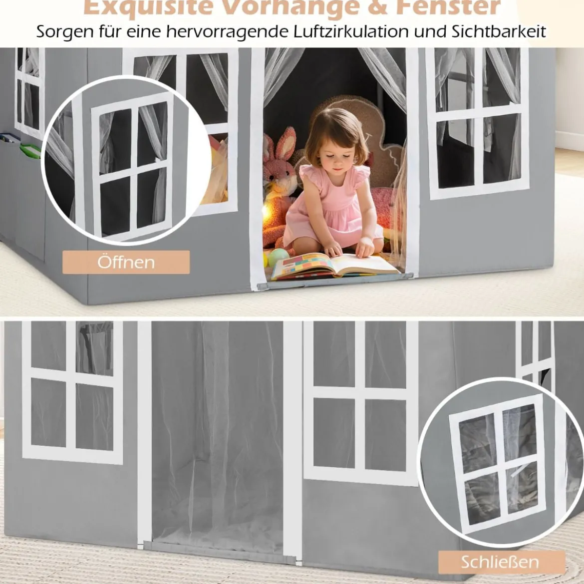 Kinderspielhaus mit Sternenlichtern & Fenstern & Netzvorhängen Kinderzelt Kinderspielzelt Spielzelt