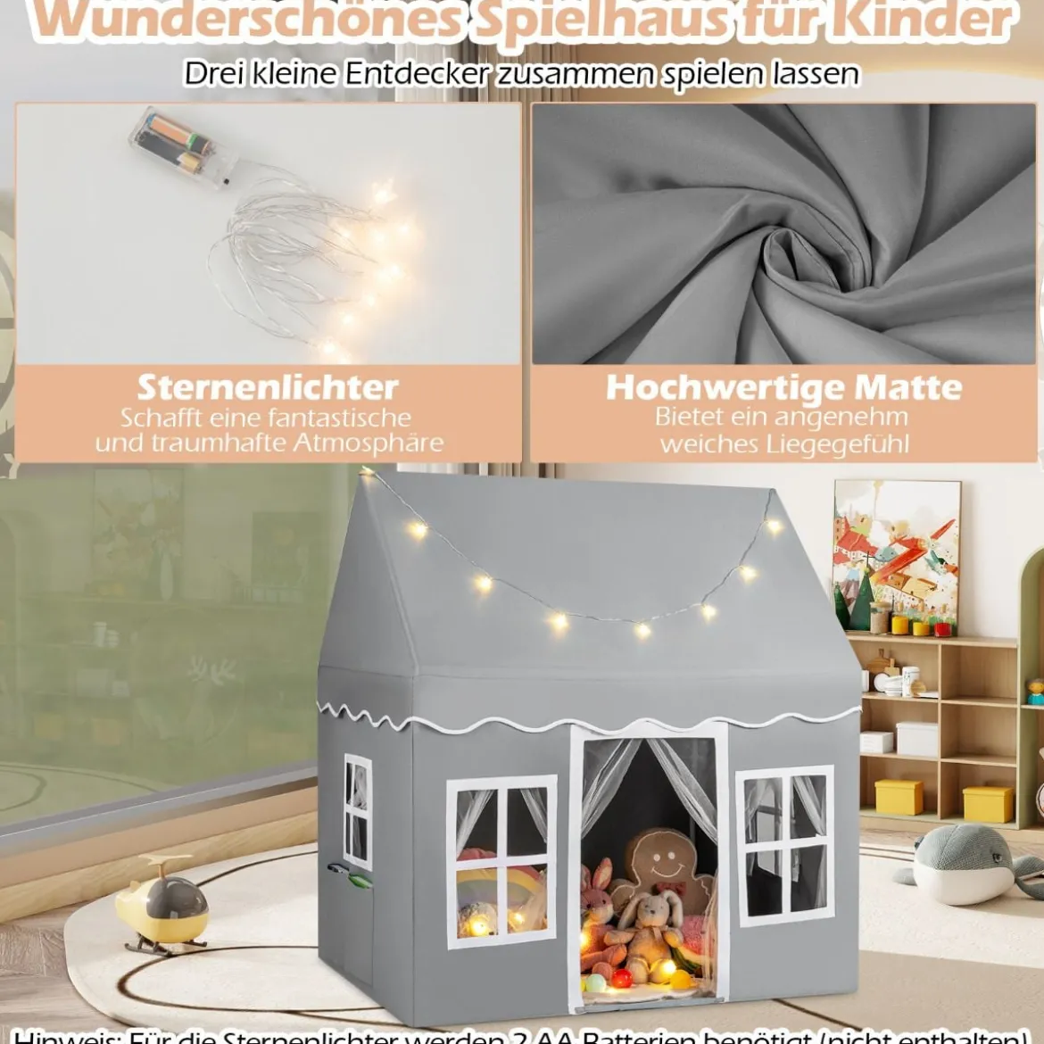 Kinderspielhaus mit Sternenlichtern & Fenstern & Netzvorhängen Kinderzelt Kinderspielzelt Spielzelt