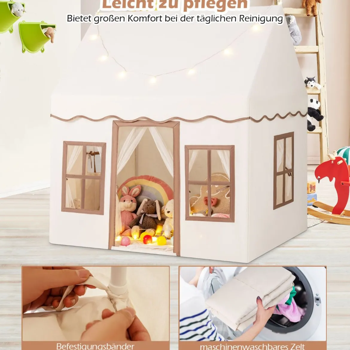 Kinderspielhaus mit Sternenlichtern & Fenstern & Netzvorhängen Kinderzelt Kinderspielzelt Spielzelt