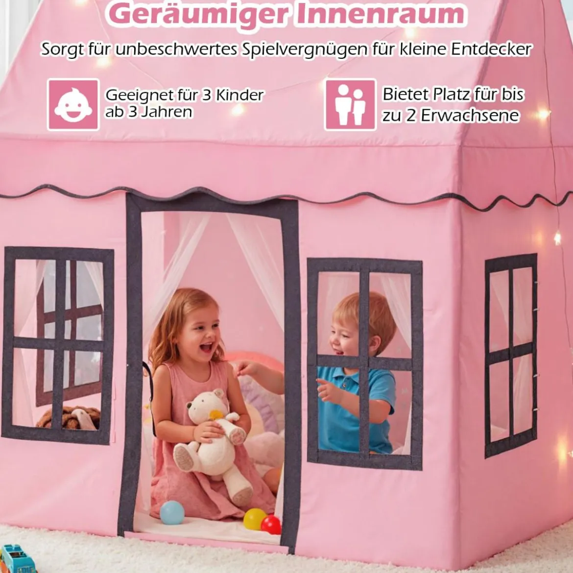 Kinderspielhaus mit Sternenlichtern & Fenstern & Netzvorhängen Kinderzelt Kinderspielzelt Spielzelt