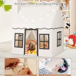 Kinderspielhaus mit Sternenlichtern & Fenstern & Netzvorhängen Kinderzelt Kinderspielzelt Spielzelt