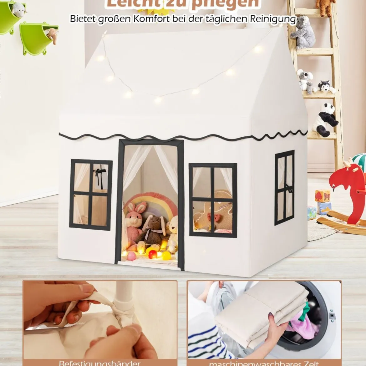 Kinderspielhaus mit Sternenlichtern & Fenstern & Netzvorhängen Kinderzelt Kinderspielzelt Spielzelt