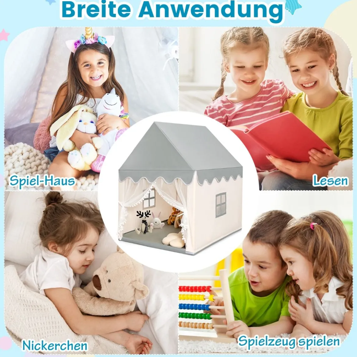 Kinderspielhaus Stabiles und Großes Spielhaus mit Baumwollmatratze 120 x 105 x 140 cm Grau + Beige