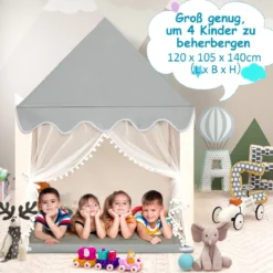 Kinderspielhaus Stabiles und Großes Spielhaus mit Baumwollmatratze 120 x 105 x 140 cm Grau + Beige