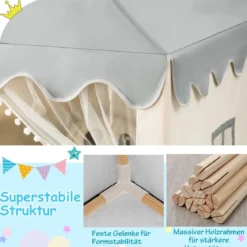 Kinderspielhaus Stabiles und Großes Spielhaus mit Baumwollmatratze 120 x 105 x 140 cm Grau + Beige