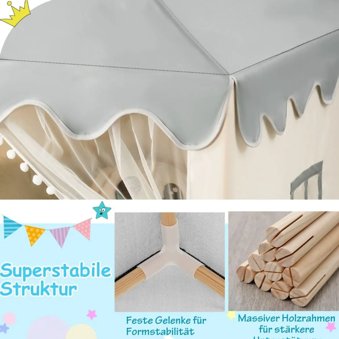 Kinderspielhaus Stabiles und Großes Spielhaus mit Baumwollmatratze 120 x 105 x 140 cm Grau + Beige