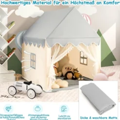 Kinderspielhaus Stabiles und Großes Spielhaus mit Baumwollmatratze 120 x 105 x 140 cm Grau + Beige