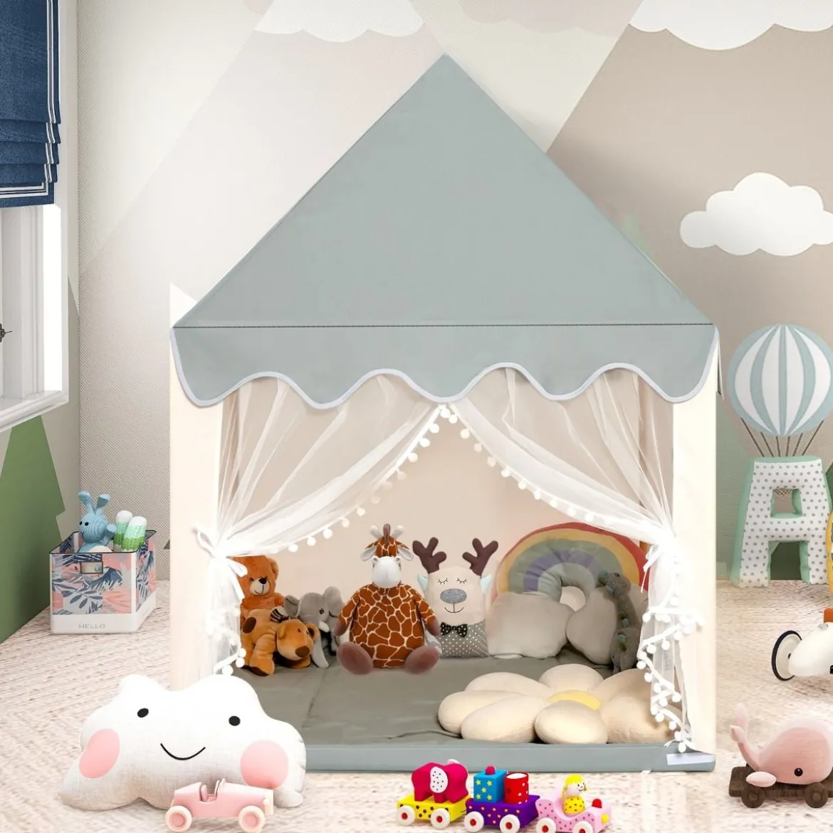Kinderspielhaus Stabiles und Großes Spielhaus mit Baumwollmatratze 120 x 105 x 140 cm Grau + Beige