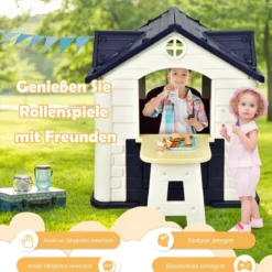 Kinder Spielhaus 164 x 124 x 132 cm Outdoor Kinderhäuschen mit Pickniktisch Blau