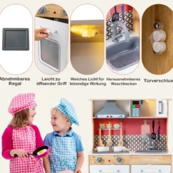 Kinder Spielküche aus Holz mit Töpfen & Ton & Licht & Aufbewahrungsregal