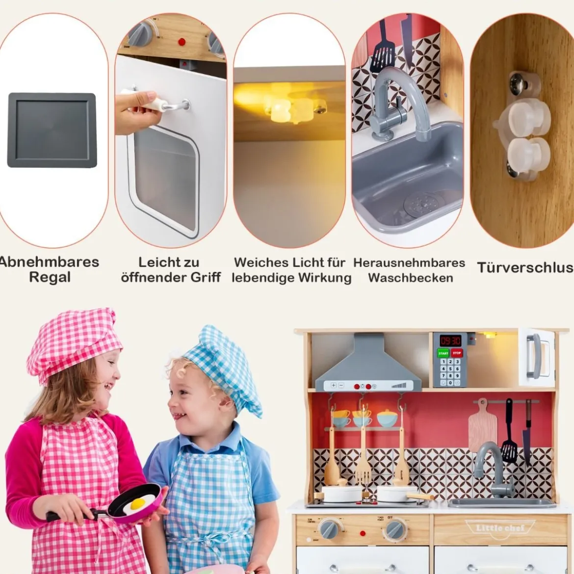Kinder Spielküche aus Holz mit Töpfen & Ton & Licht & Aufbewahrungsregal