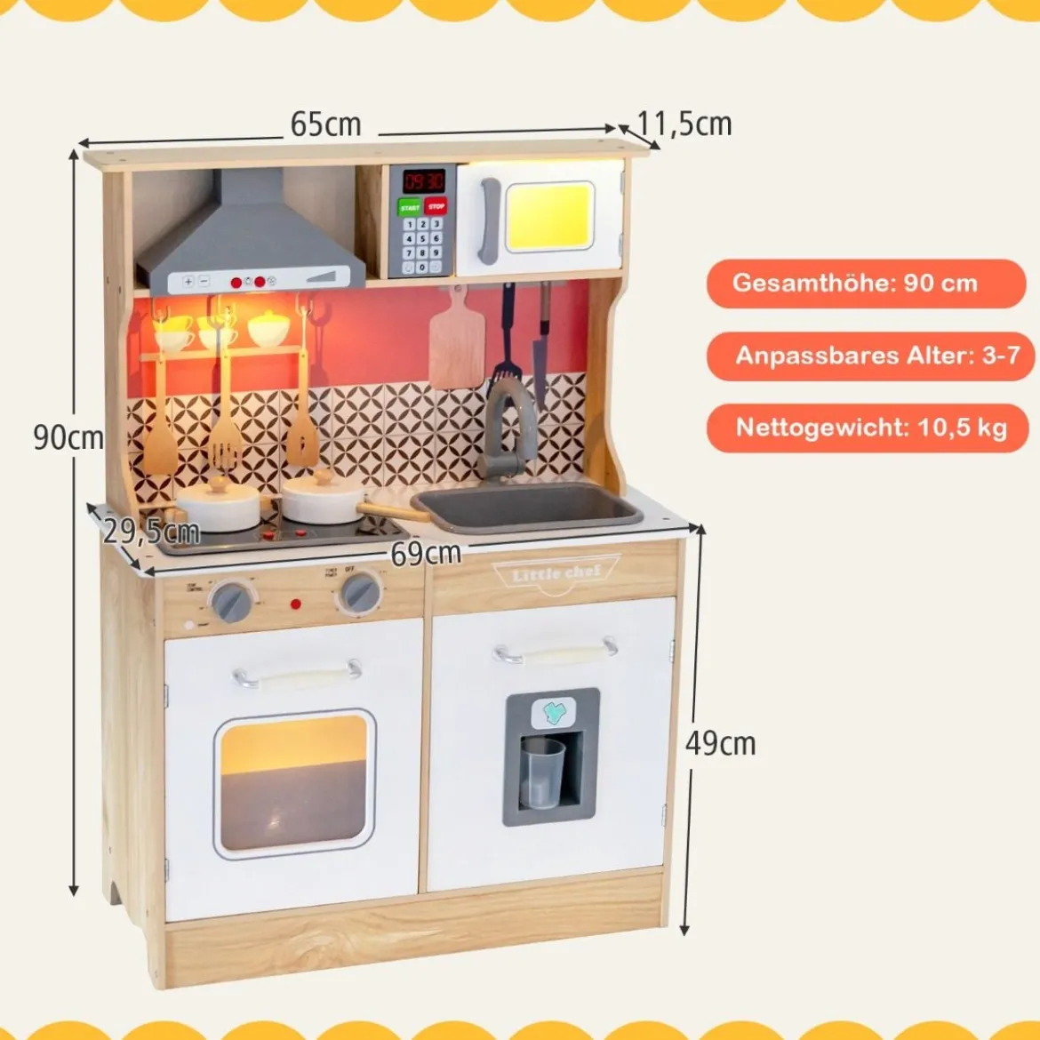 Kinder Spielküche aus Holz mit Töpfen & Ton & Licht & Aufbewahrungsregal