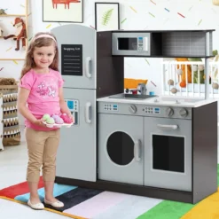 Kinderspielküche aus Holz mit Spüle und Wasserhahn & Herd mit Klickgeräuschen