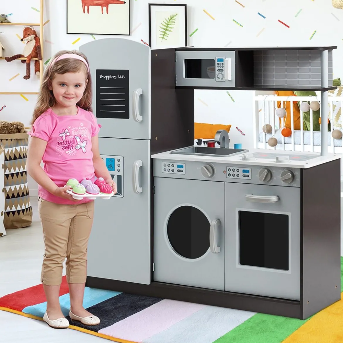 Kinderspielküche aus Holz mit Spüle und Wasserhahn & Herd mit Klickgeräuschen