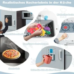 Kinderspielküche aus Holz mit Spüle und Wasserhahn & Herd mit Klickgeräuschen