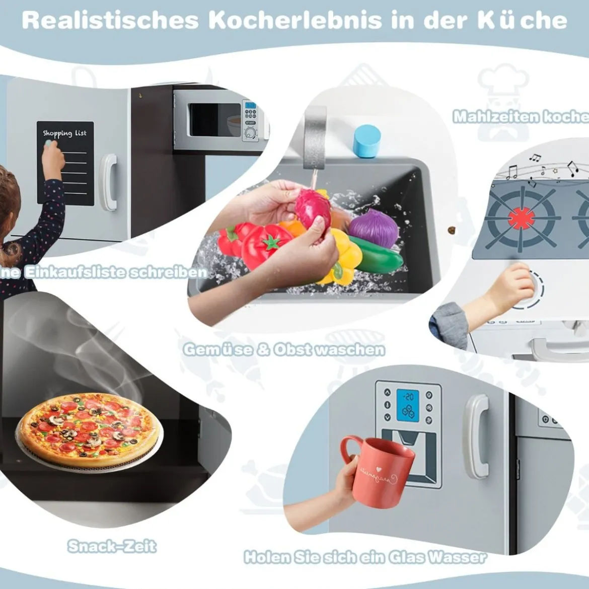 Kinderspielküche aus Holz mit Spüle und Wasserhahn & Herd mit Klickgeräuschen