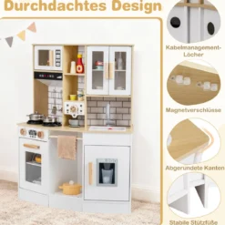 Kinder Spielküche aus Holz Spielküche mit Licht Sound Herd Spüle Dunstabzugshaube Eismaschine Natur